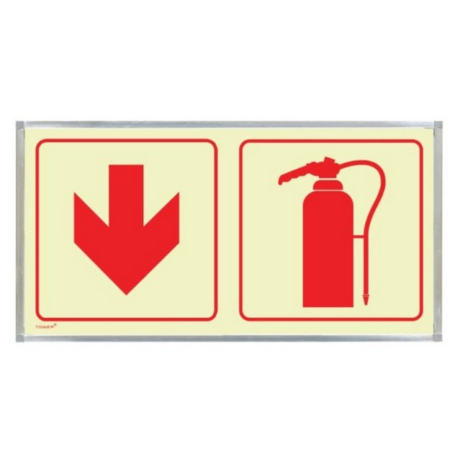 Photoluminescent Sign Frame - Fire Extinguisher Red Arrow Down - 380 x 190mm - SIGNP2FEA(D1)