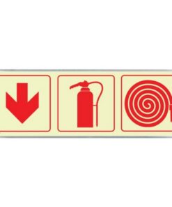 Photoluminescent Sign Frame - Fire Extinguisher, Hose, Red Arrow Down - 570 x 190mm - SIGNP3FEHA(D1)