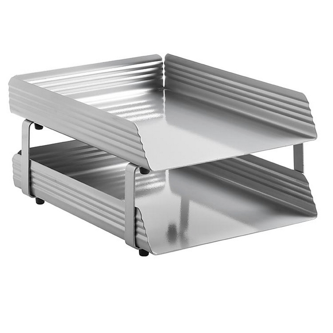 Letter Tray - Double - Fluted Steel Range - Metal - 35 x 25 x 17 cm - Silver - 532SI