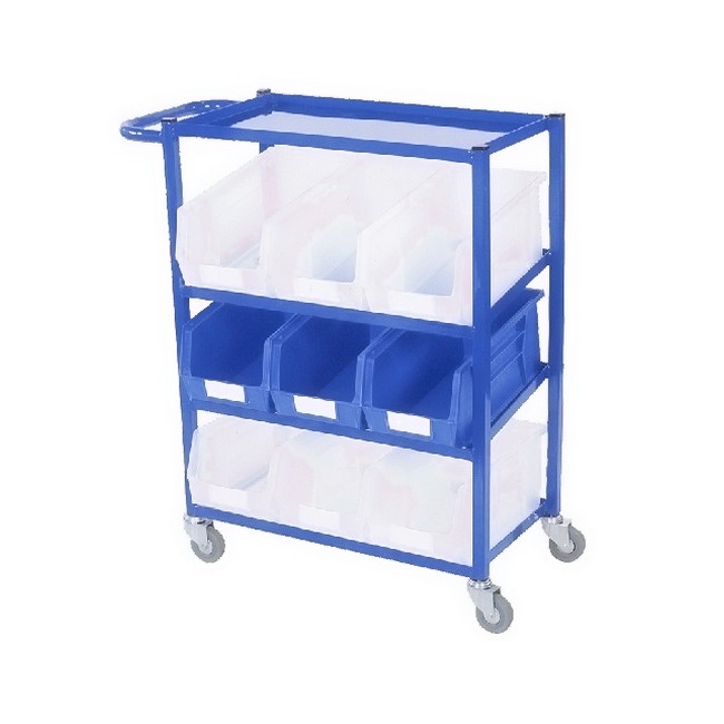Steel Frame Plastic Container Trolley - Kit - Includes 9 x Size 7 Clear - Blue Bins - 92 x 82 x 36cm