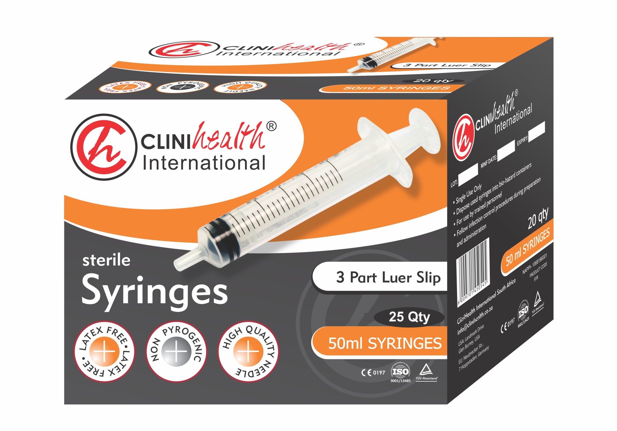 Syringe 50 3 Part L/Slip 25s CliniHealth