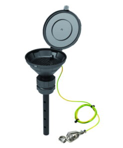SCAT Funnel with lid "MARCO", V2.0, S55, 140 mm, PE-HD electrostatic conductive, with lance 220 mm, with removable sieve and earthing cable