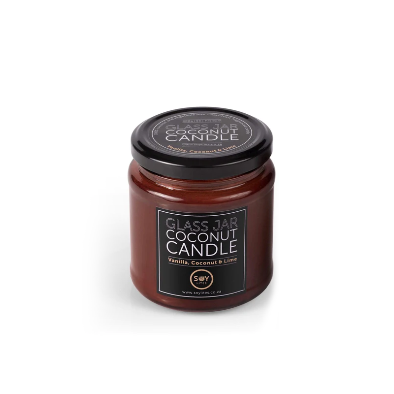 SoyLites - Amber Glass Jar Coconut Candle - Vanilla, Coconut & Lime 400g